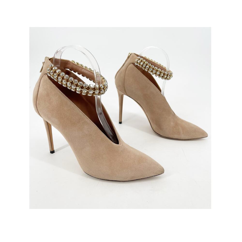 Jimmy Choo Beige Suede Lux 100 Crystal Vamp Pointed Toe Bootie Heels IT 40